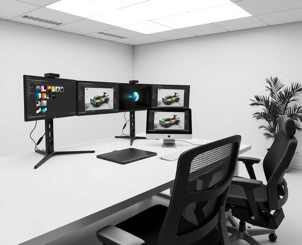 Modern design workspace with multiple monitors and design tools